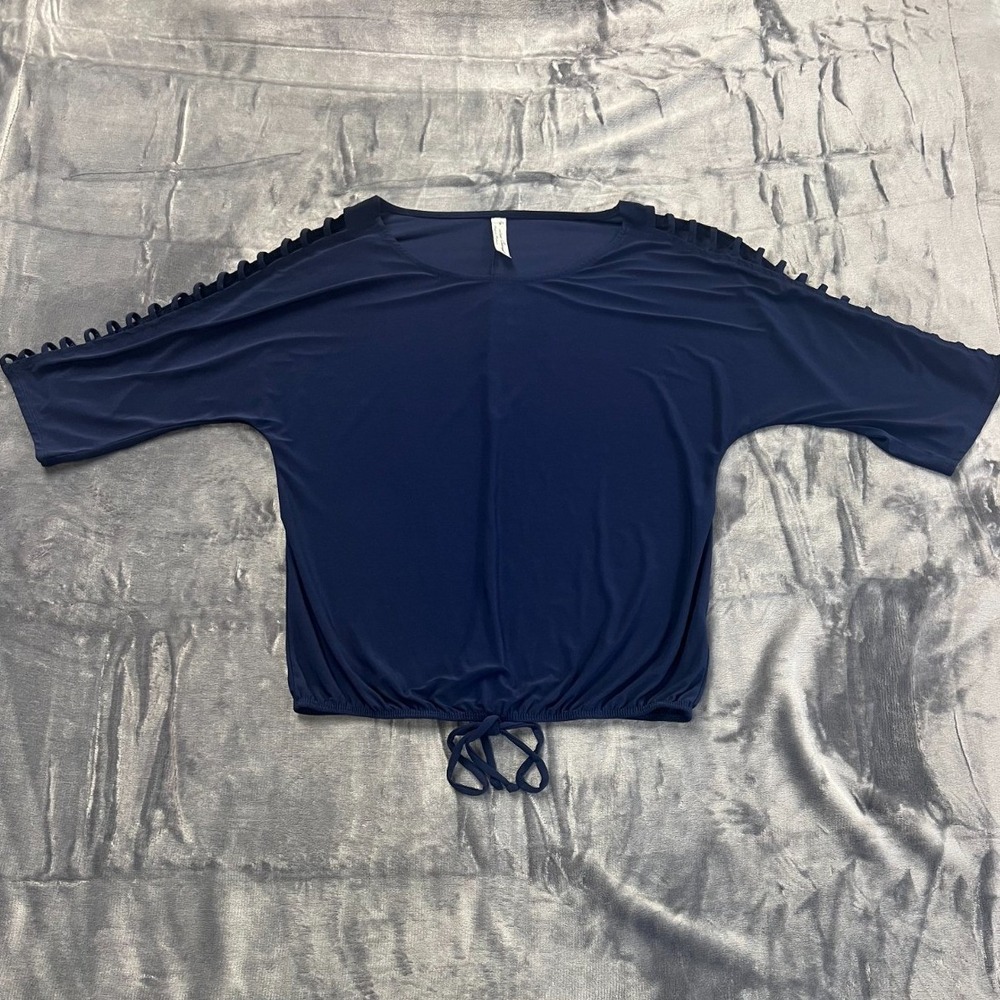 Per Seption Concept Blouse Top Womens S Navy Blue Stretch Lace Up Cut Out Detail